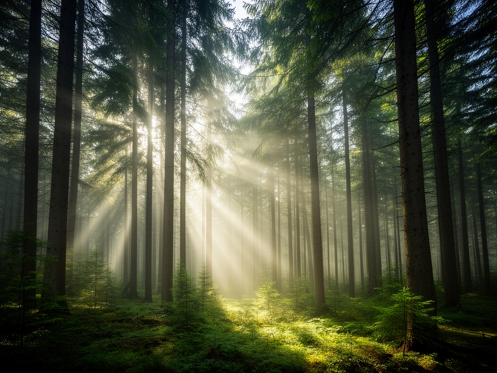 Gusti zeleni četinarski šum u jutarnjoj magli sa zracima sunca koji probijaju kroz krošnje visokih stabala, stvarajući dramatičan kontrast svetla i senke