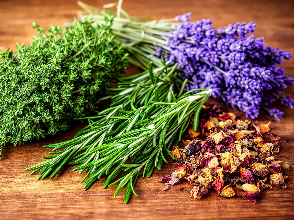 Raznovrsne sveže biljke i začini raspoređeni na drvenom stolu — timijan, ružmarin, lavanda i sušeni cvetovi, prikazujući bogatstvo prirodnih sastojaka