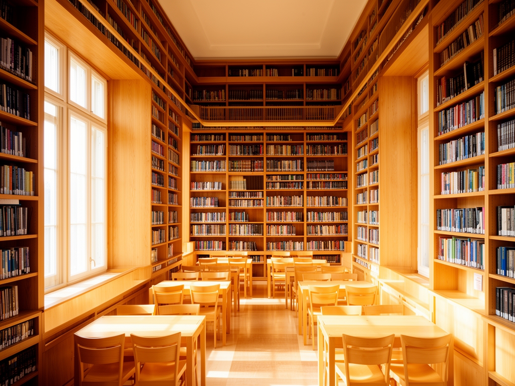 Svetla biblioteka sa visokim policama punim knjiga, toplo prirodno sunčevo svetlo pada kroz visoke prozore na drvene police i stolice od svetlog drveta, atmosfera mirnog učenja i istraživanja