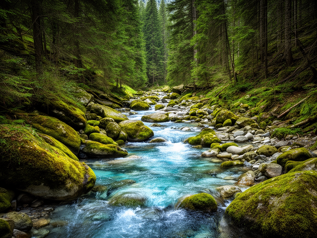Planinski vodeni tok koji prolazi između kamenja obraslim mahovima u gustoj šumi, kristalno čista voda i senke drveća stvaraju atmosferu mira