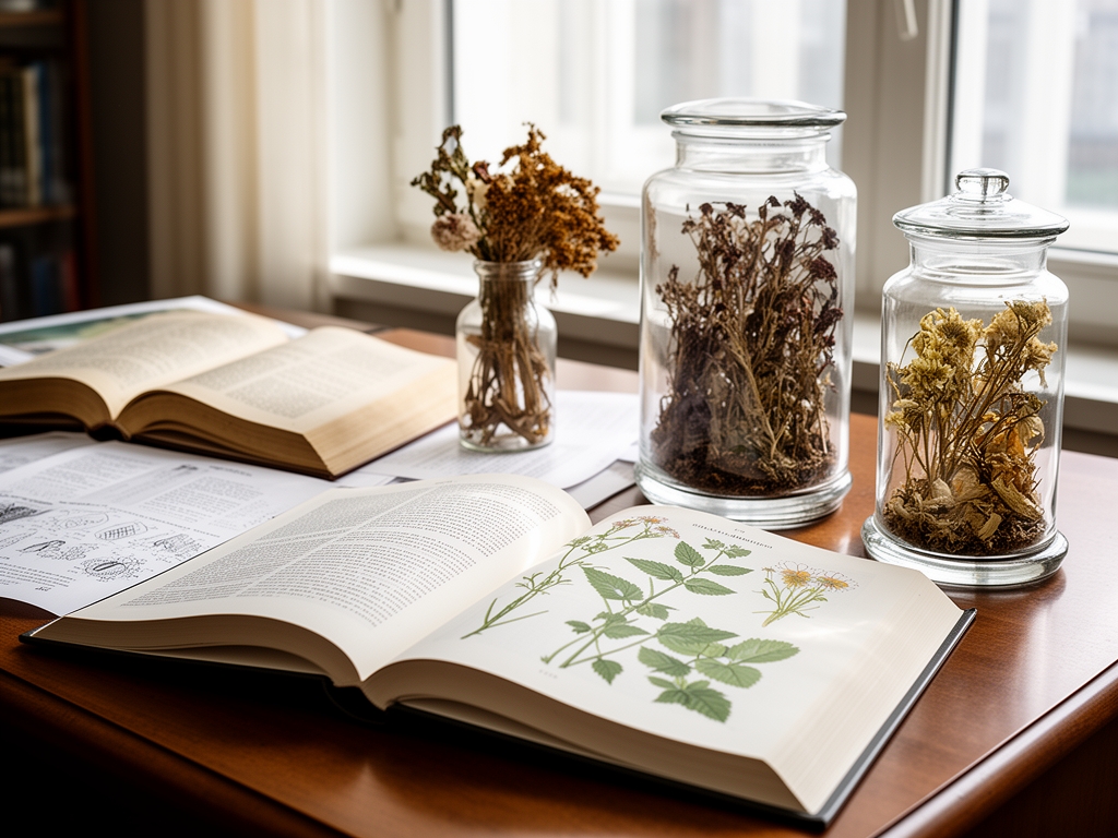 Istraživački sto sa otvorenim naučnim knjigama i botaničkim ilustracijama, staklenim teglamaa sa sušenim biljkama i prirodnim svetlom kroz prozor, akademska atmosfera