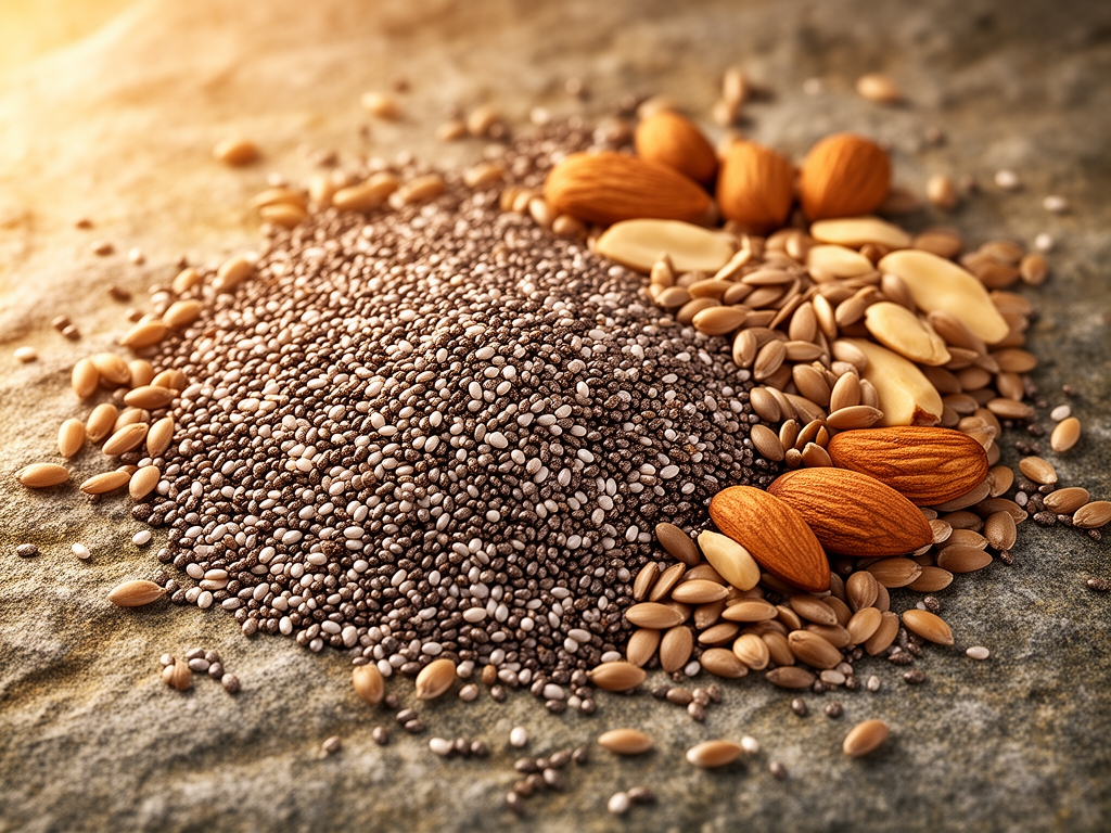 Raznovrsne semenke i orašaste plodove rasuti na kamenoj podlozi — chia semenke, lanene semenke i bademi, prikazani u toplom svetlu